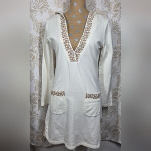 Nilla Shields Embroidered Swim Cover Up Hood Pockets Tunic L USA 100% Cotton NEW